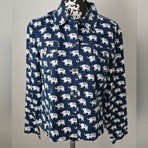 3 Sisters Women Sz Large Long Sleeve Blouse Blue Elephant Print